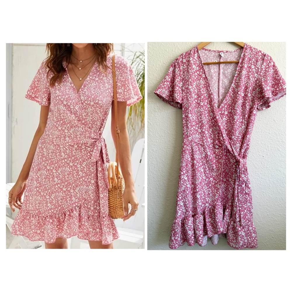 NAGGOO-Floral Pink Wrap Dress-Size S